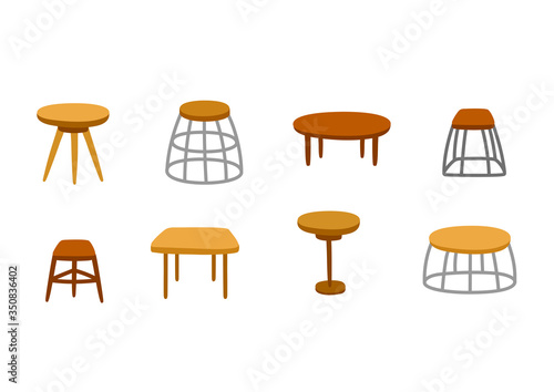 Scandinavian furniture set. Hand drawn home interior decor wooden table set. Vector illustration isolated on white.