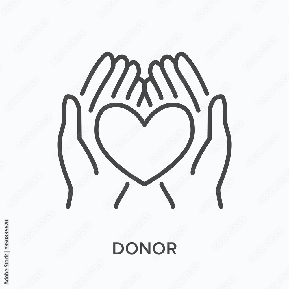 Hands holding human heart flat line icon. Vector outline illustration of organ donor. Cardiology thin linear medical pictogram Hands holding human heart flat line icon. Vector outline illustration of organ donor. Cardiology thin linear medical pictogram