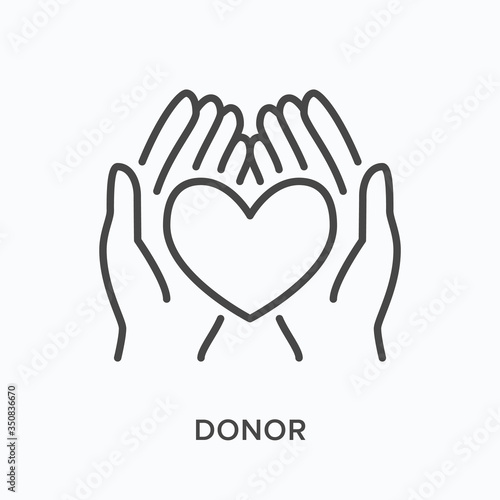 Hands holding human heart flat line icon. Vector outline illustration of organ donor. Cardiology thin linear medical pictogram