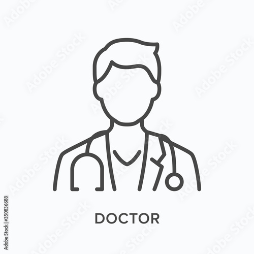 Doctor flat line icon. Vector outline illustration of male physician in coat with stethoscope. Medic specialist avatar, thin linear medical pictogram