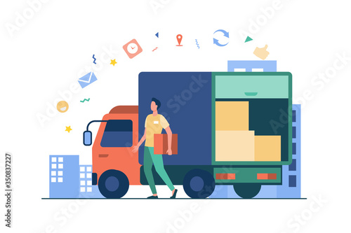 Courier with truck delivering order. Man carrying box from shipping lorry with other packages. Vector illustration for delivery service, transport, logistics concept