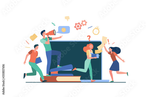 Angry boss with megaphone shouting at employees for missing deadline. Office workers running in chaos, panic and hurry. Vector illustration for overwork, project failure, stress at workplace topics