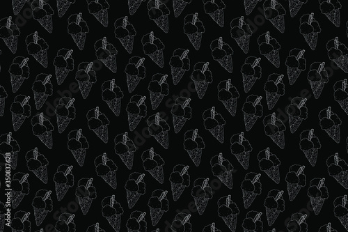 Seamless pattern with ice cream in waffle cone with scoops on black background. Vector hand drawn illustration in doodle style. Can use for menu, paper, printing, textilem wrapping paper, wallpaper.