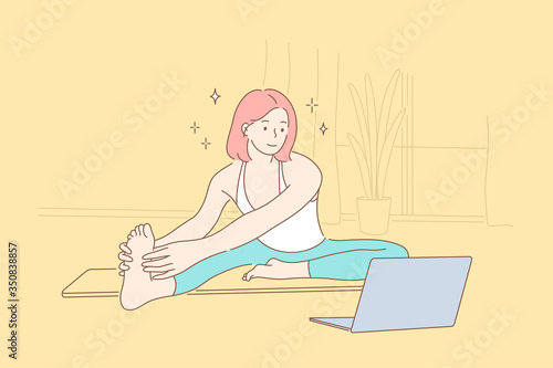 Sport, yoga, fitness concept. Young happy woman girl athlete in sportswear cartoon character does workout doing stretching and using laptop in living room at home. Active lifestyle and body healthcare