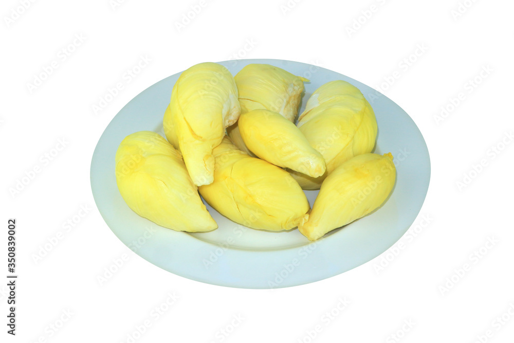 The peeled durian is placed on the container, the durian is delicious and has a yellow inner, white background.