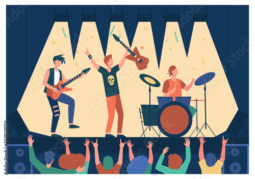 Famous rock band playing music and singing at stage flat vector illustration. Cartoon crowd of people standing near scene and waving hands. Concert and performance concept