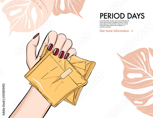 Menstruation pads, woman holding reusable period pads social media advertising  illustration. Ultra thin monthly cycle sanitary napkin, hygiene flat sketch art in vector. Pms intimate period sketch