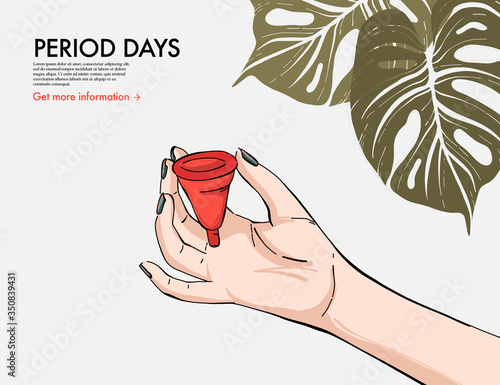 Mentsruational cups, sanitary period menstruational pad analog illustration. Organic silicone cup protective menstrual cycle art. Woman pms period cartoon drawing banner, social media content. Vector