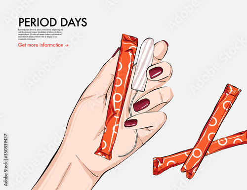 Tampon menstruation cycle female period illustration. Woman holding organic, comfortable tampon advertising, online social media content  banner. Hygiene beauty self care monthly pms drawing . vector