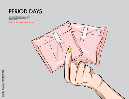 Menstruation pads art, comfort natural woman period monthly menses sanitary protection, monthly cycle advertising, pms drawing in vector. Bleeding cartoon flat sketch, beauty female day art