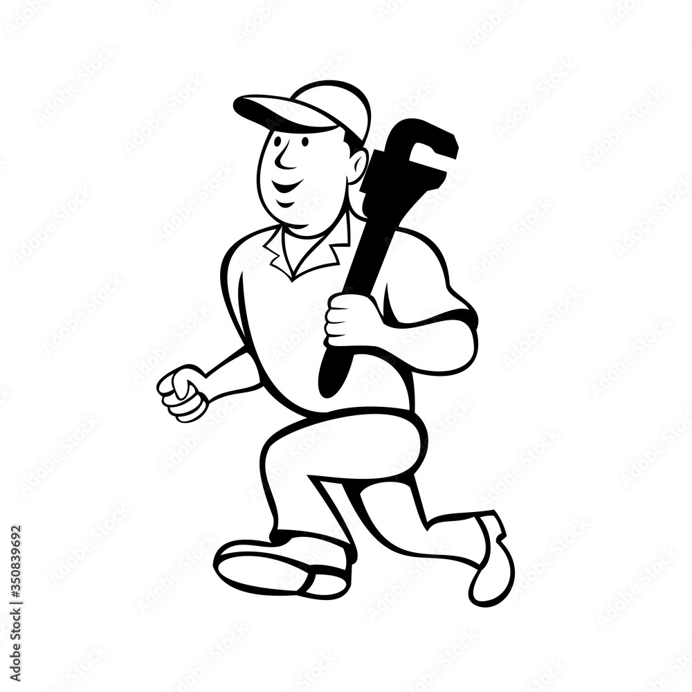 Plumber Holding Monkey Wrench Running Cartoon Black and White Plumber Holding Monkey Wrench Running Cartoon Black and White