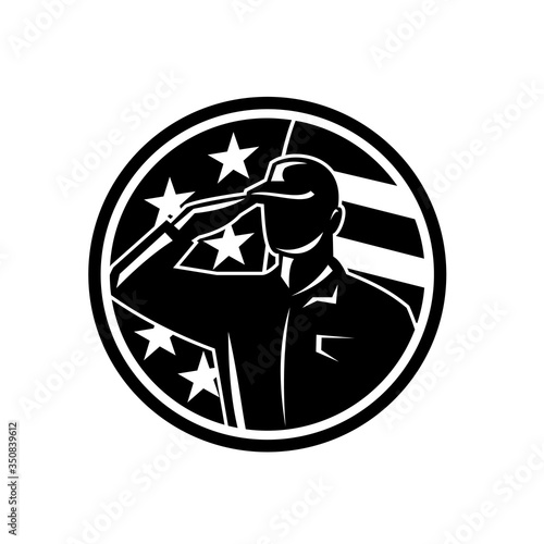 American Soldier Serviceman Saluting Flag Circle Retro Black and White