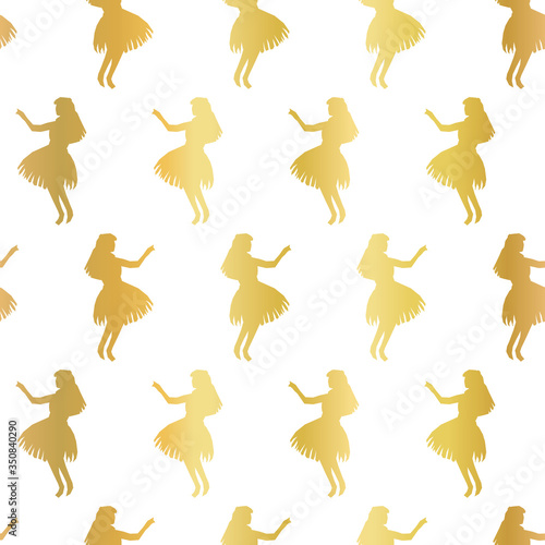 Hula dancers gold foil seamless vector pattern. Faux metallic golden background with silhouettes of Hawaiian women dancing traditional Hula. Elegant Hawaii pattern for exclusive decor, party invites