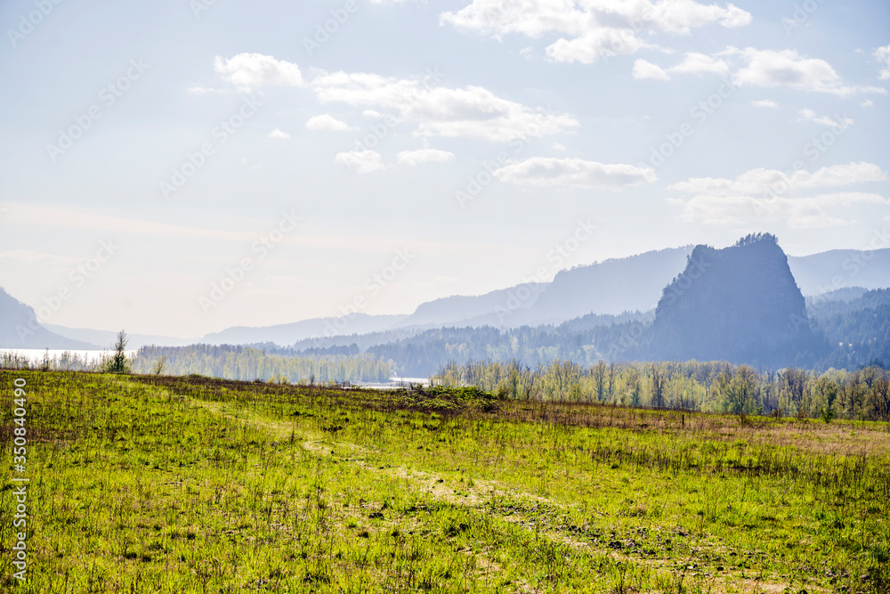 Landscape of green meadow with high rocky mountains on the horizon in Columbia Gorge