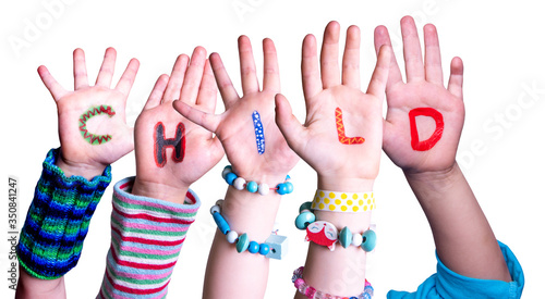 Children Hands Building Colorful English Word Child. White Isolated Background