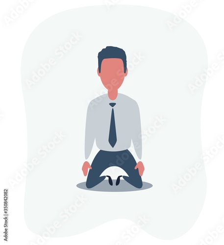 Sad unhappy businessman office worker manager standing on his knees and prey. Vector flat cartoon illustration