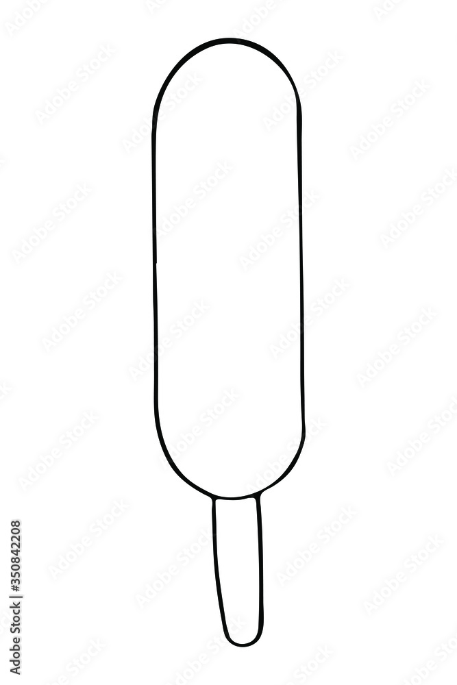 Isolated ice cream with stick in oval elongated shape on white background. Vector hand drawn illustration in doodle style. Black and white. Can use for menu, greeting card, websites, product design. Isolated ice cream with stick in oval elongated shape on white background. Vector hand drawn illustration in doodle style. Black and white. Can use for menu, greeting card, websites, product design.