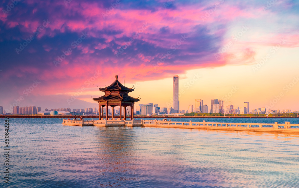 Aerial view of Lake Pavilion, Jinji Lake, Suzhou City, Jiangsu Province Aerial view of Lake Pavilion, Jinji Lake, Suzhou City, Jiangsu Province