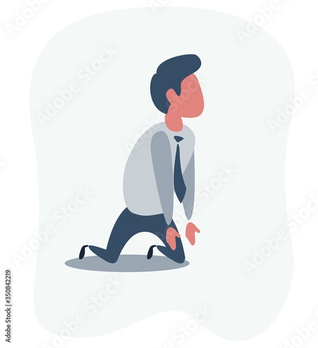 Sad unhappy businessman office worker manager standing on his knees and prey. Vector flat cartoon illustration
