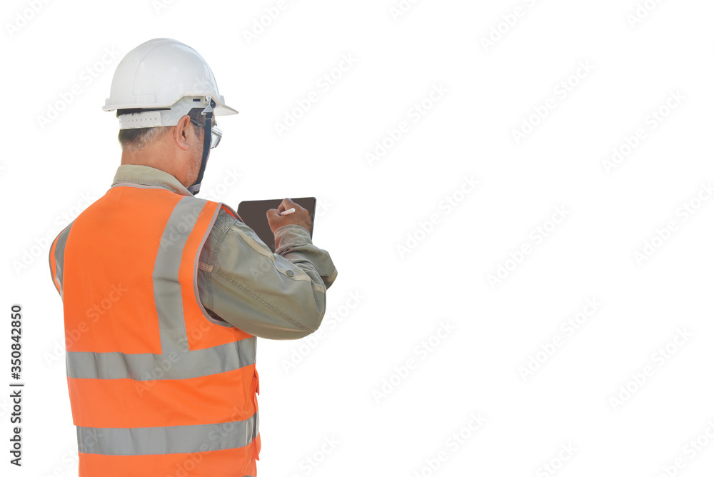 Old man Asian engineer man writing on tablet on white back ground with clipping paths. Old man Asian engineer man writing on tablet on white back ground with clipping paths.