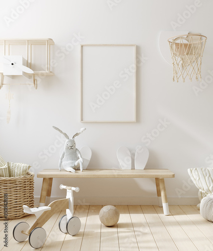 Mock up frame in children room with natural wooden furniture, Scandinavian style interior background, 3D render