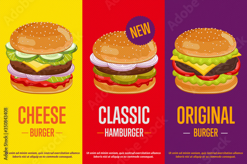 Classic Burger and cheeseburger template flyer vector illustration elements. Set of abstract advertising banners about fast food meal. Three banners of different burgers of vintage style.