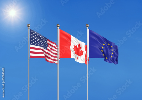 Three realistic flags of European Union, USA (United States of America) and Canada. 3d illustration.