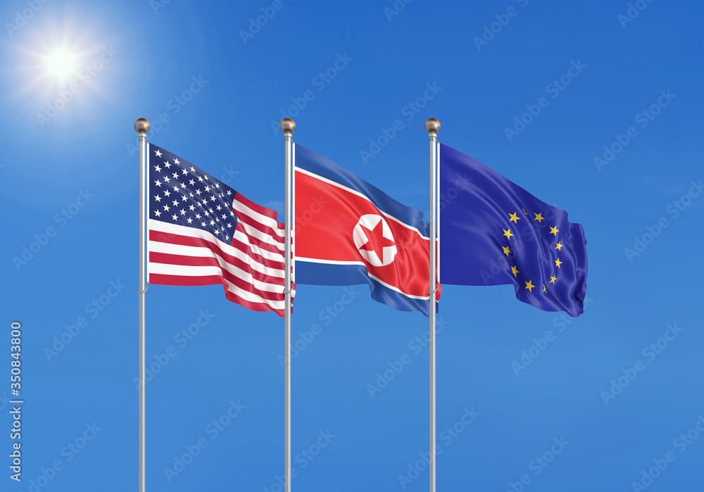 Three realistic flags of European Union, USA (United States of America) and North Korea. 3d illustration.