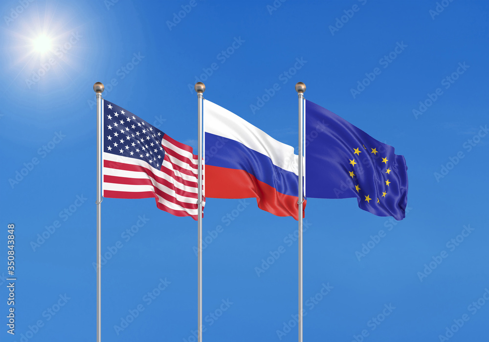 Three realistic flags of European Union, USA (United States of America) and Russia. 3d illustration.