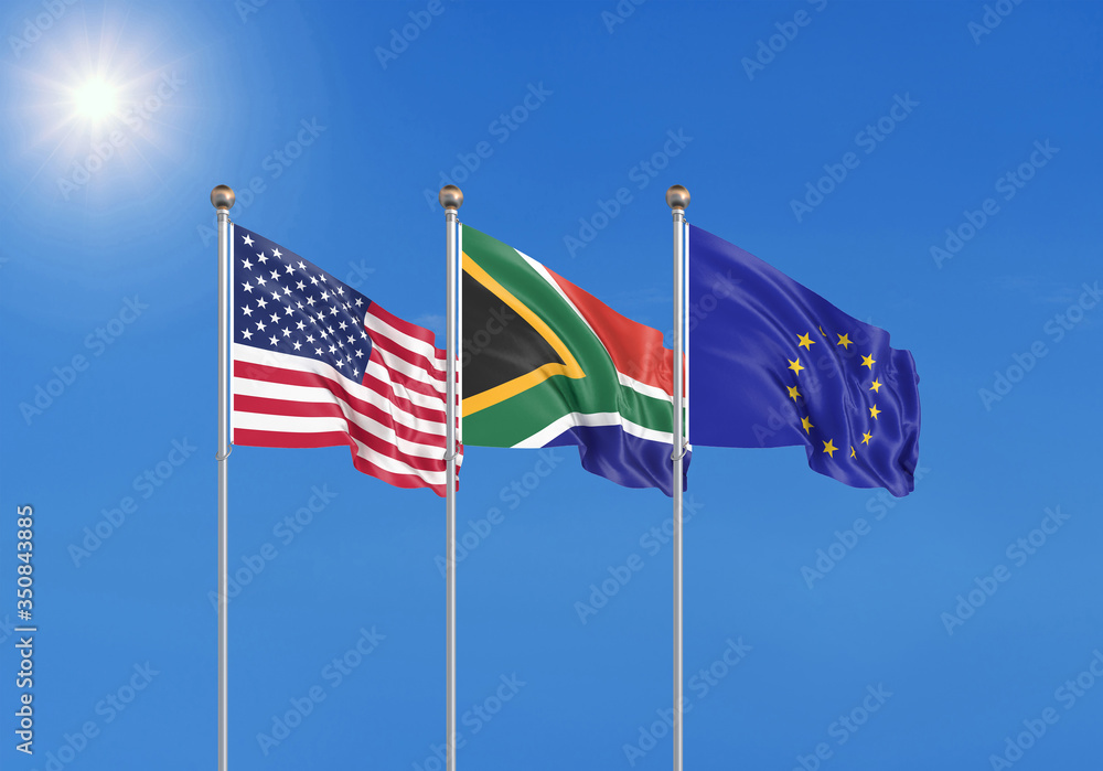 Three realistic flags of European Union, USA (United States of America) and South Africa. 3d illustration. Three realistic flags of European Union, USA (United States of America) and South Africa. 3d illustration.