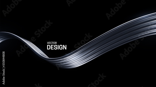 Abstract silver wave isolated on black background. Vector 3d illustration. Metallic wires. Streaming ribbon. Luxury flowing shape. Smooth liquid object. Minimal decoration element for design