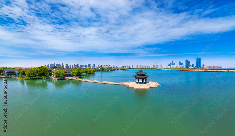 Aerial view of Lake Pavilion, Jinji Lake, Suzhou City, Jiangsu Province