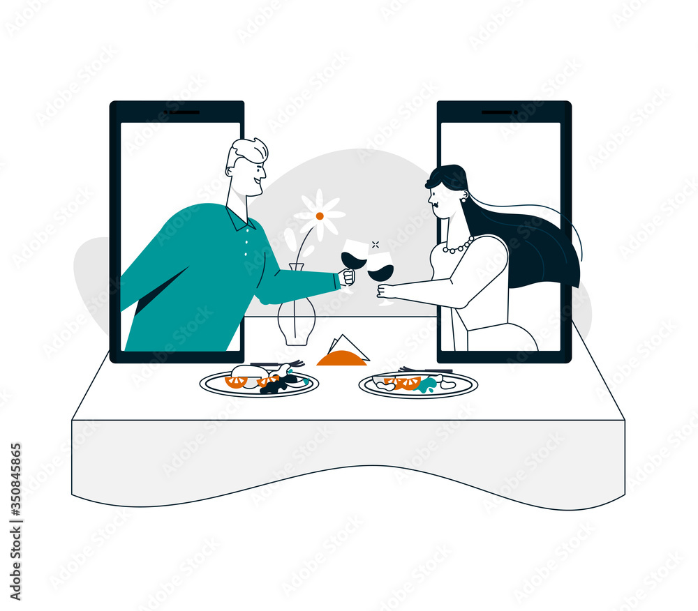 Vector illustration of man, woman on online date on smartphone screen Vector illustration of man, woman on online date on smartphone screen