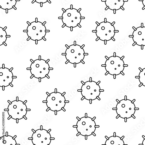 Seamless Coronavirus vector pattern. Sign of SARS-CoV-2, Novel coronavirus. Black outline abstract virus model isolated on white background for medical illustration, web. Covid-19 virus pandemic image