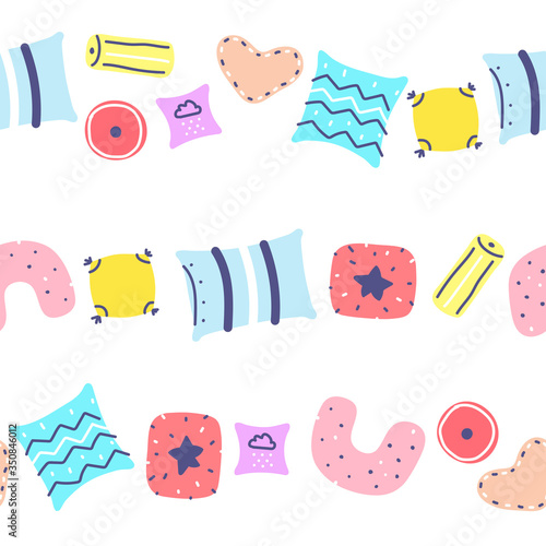Scandinavian style pillows set seamless pattern. Different Pillows with childish ornament border. Cute home interior decoration collection. Vector symbol of a cozy home overnight parties, pillow fight
