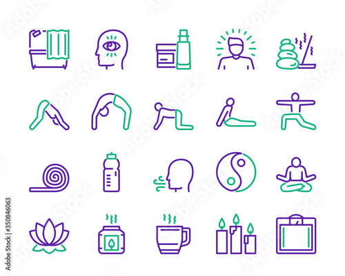Vector linear icon set of yoga lifestyle, accessories and asana