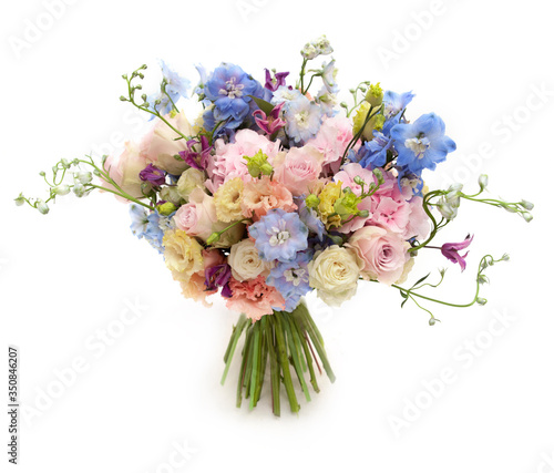 wedding pink and blue bouquet isolated on white