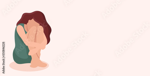 Sad woman sits. Victim of domestic and sexual violence. Social problems. Support for women. Banner for web site or social networks. Space for text.Vector cartoon illustration.