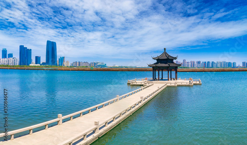 Aerial view of Lake Pavilion, Jinji Lake, Suzhou City, Jiangsu Province