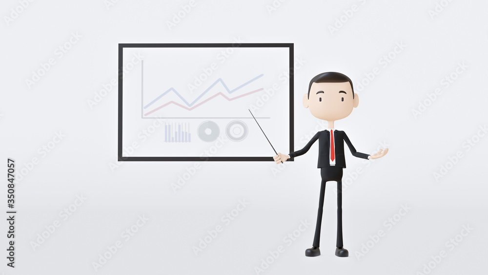 Businessman 3D character present with whiteboard business model canvas. 3d rendering on a white background. Businessman 3D character present with whiteboard business model canvas. 3d rendering on a white background.