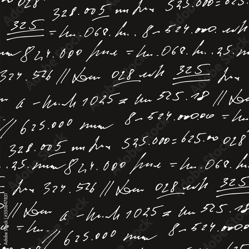 Handwritten abstract text and numbers vector seamless pattern, vector monochrome script isolated on blackboard background, mathematics and accounting backdrop