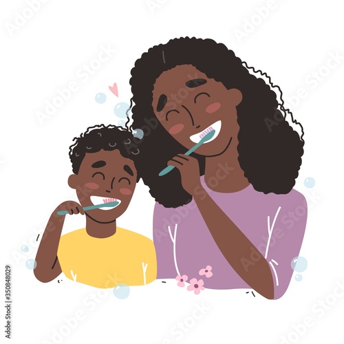 Mother and son Brushing Their Teeth. happy Black african american family and health.