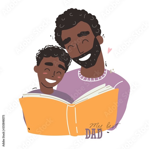 black african american Father reading a book to his son. Happy loving family and Fathers Day.