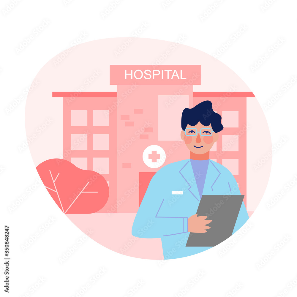 Male Doctor Standing in Front of Hospital Building, Medical Staff Flat Vector Illustration Male Doctor Standing in Front of Hospital Building, Medical Staff Flat Vector Illustration
