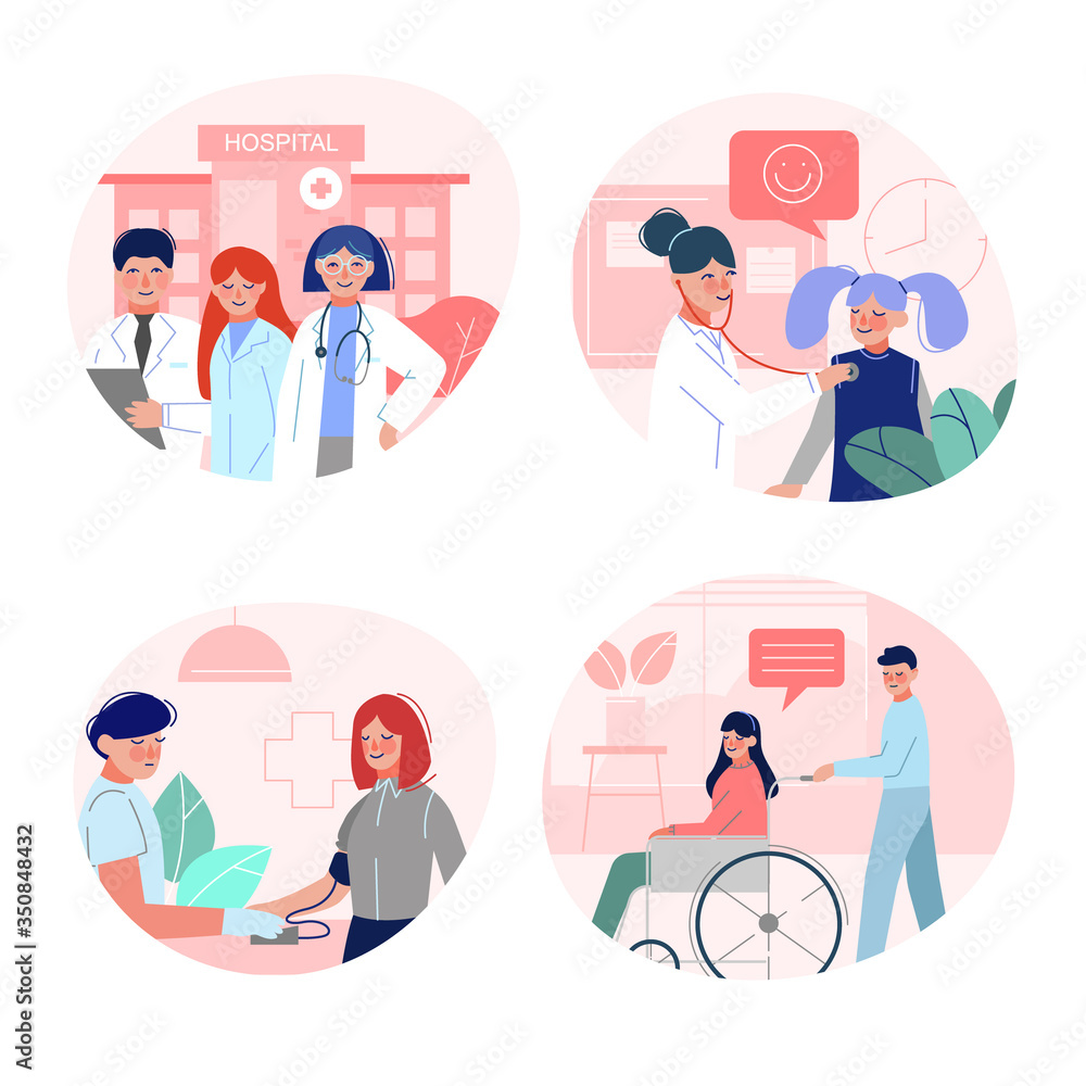 Doctors Checking Up and Consulting Patients in Medical Clinic, Medical Treatment and Healthcare Vector Illustration Doctors Checking Up and Consulting Patients in Medical Clinic, Medical Treatment and Healthcare Vector Illustration