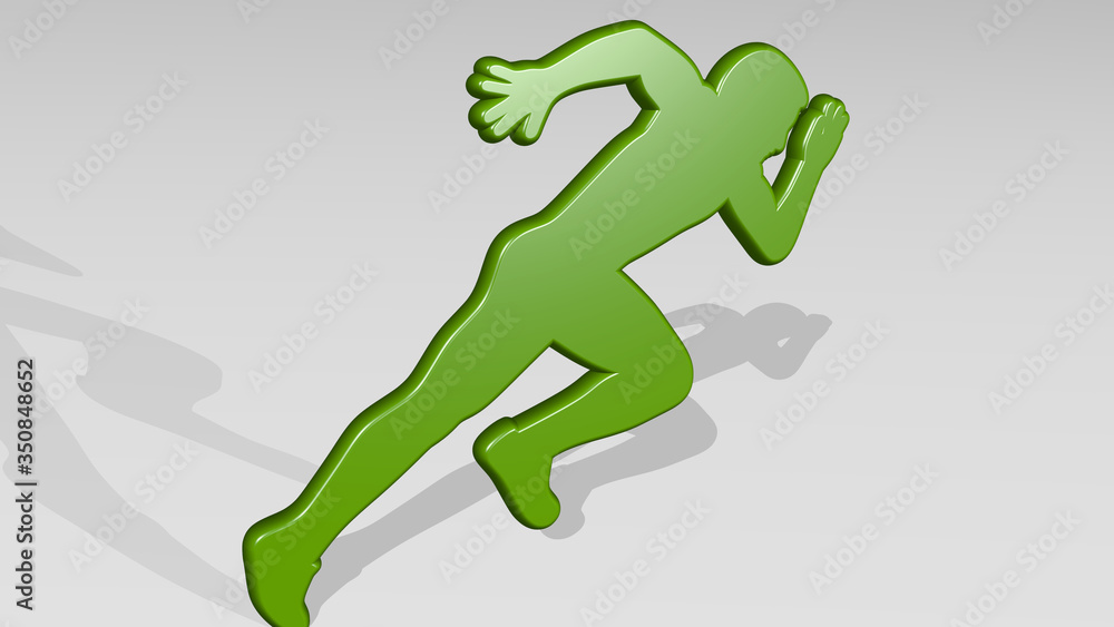 Fototapeta premium MAN FAST RUNNING made by 3D illustration of a shiny metallic sculpture on a wall with light background