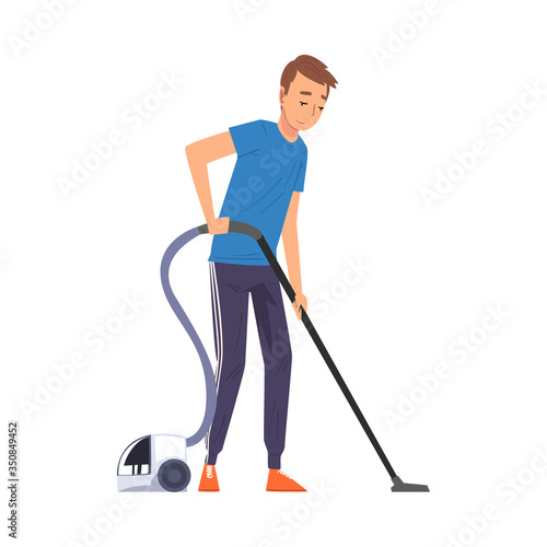 Man Vacuuming the Floor, Household Activity, Housekeeping, Everyday Duties and Chores Cartoon Vector Illustration