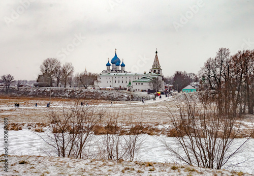 View of the Church in winter in snowy weather.