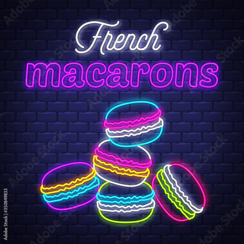 French macarons - Neon Sign Vector. French macarons - neon sign on brick wall background