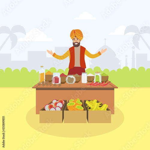 Indian Man Selling Spices and Fruits at Marketplace Vector Illustration